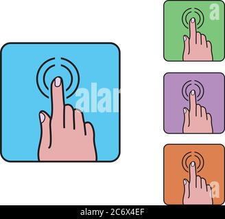 hand finger click icon, colored outline cartoon simple flat vector on blue rounded square, touch screen symbol Stock Vector