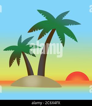 Simple stylised colorful sunset landscape with tropical island, palm trees, sea and sky using gradients. EPS 10 Vector illustration Stock Vector