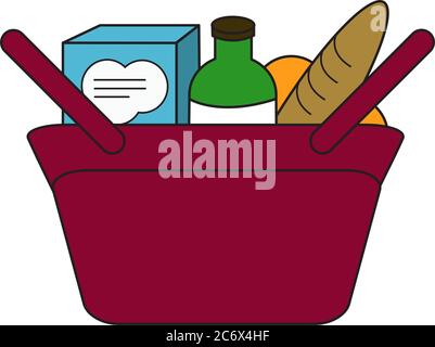 red woman purse hand bag full of shopping purchase food, bread, bottle, milk box, orange Stock Vector