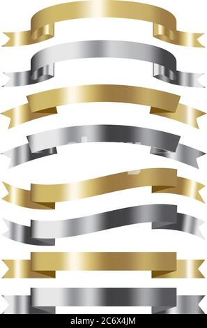 set of golden and silver ribbon collection 3d effect with place for text vector isolated on white Stock Vector