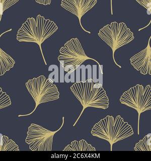 Floral decorative seamless pattern with golden ginkgo biloba leaves on grey background. Can be used for wallpaper, pattern fills, textile, web page Stock Vector