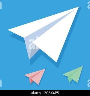Handmade white paper plane vector icon set in isometric flat style isolated on blue background. Origami white orange and green airplane collection Stock Vector