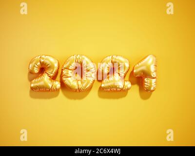 Christmas and Happy new year 2021 balloon orange golden numbers on a yellow background. 3d rendering Happy New Year 2021 logo design. Stock Photo