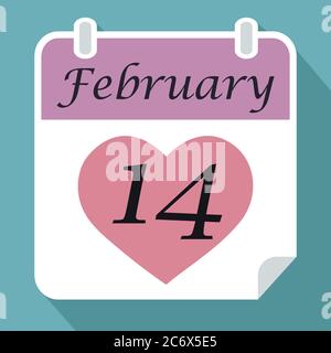calendar date fourteenth February with pink red Heart on blue background with shadow flat simple vector icon valentines day concept Stock Vector