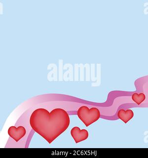 plastic red heart on pink rainbow waves on light blue vector love valentines card border frame background Stock Vector