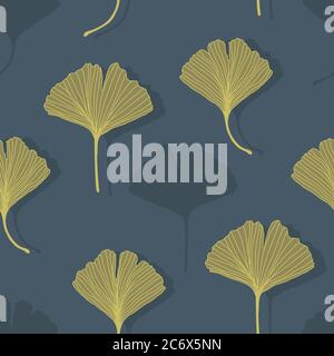 Floral decorative seamless pattern with yellow golden ginkgo biloba leaves on dark blue background. Endless background can be used for wallpaper Stock Vector