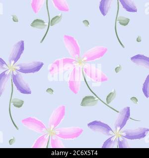 Floral seamless pattern. Classic blooming leaves decorative floral, seamless texture. Gentle wild pink and violet flowers isolated on white light blue Stock Vector