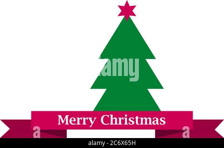 merry christams sign on red ribbon and green chirstmas tree with star vector illustration isolated on white Stock Vector
