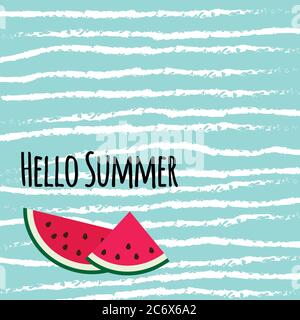 Hello summer text with cute colorful watermelon slices on blue b Stock Vector