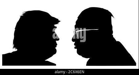Stone / UK - July 12 2020: Donald Trump and Kim Jong Un silhouette. Pictures of American president and North Korean leader. Black and white illustrati Stock Photo