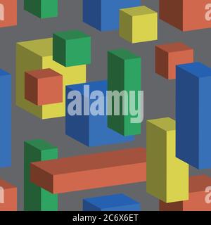 Seamless vector background with multicolored cubes and cuboid in 3D isometric style. Geometric pattern. Yellow, red, green and blue childern building Stock Vector