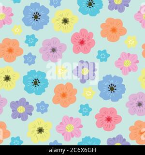 Seamless floral pattern with hand drawn various colorful spring flowers pastel colors on light green background. Vintage retro style. Vector eps10. Stock Vector