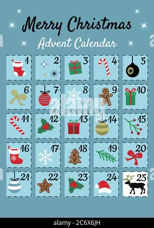 Colorful Mery Chistmas Advent calendar on blue background. Cute Christmas, winter and New Year 25 symbols and icons with numbers in perfored squares Stock Vector