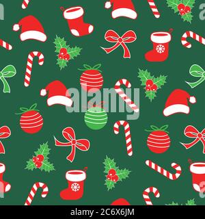 Seamless christmas pattern with lolipop candy, christmas ball, santa claus socks and hat, bow ribbon and holly berries red, white green backgorund Stock Vector