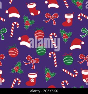 Seamless christmas pattern with lolipop candy, christmas ball, santa claus socks and hat, bow ribbon and holly berries red, white nad green on dark Stock Vector