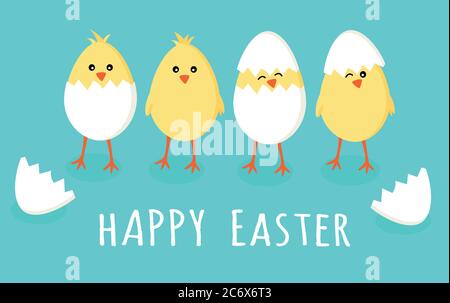 Easter greeting card with four cute little yellow chicks in cracked eggs and egg shell with sign text happy easter, vector graphic illustration. Easte Stock Vector