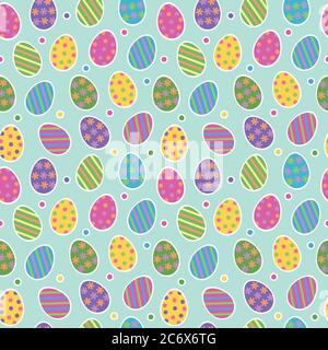 Easter egg seamless pattern vector background with cute colourful painted striped easter eggs stickers with dots on light green background. Stock Vector