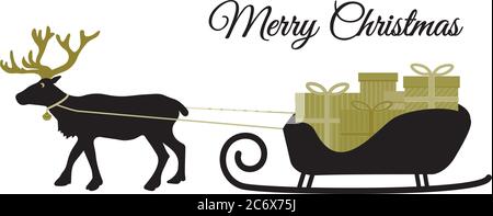 Christmas reindeer with collar and pile of present boxes on Santas sleigh, black silhoutte and golden tones, flat design vector for merry christmas Stock Vector