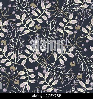Seamless pattern of abstract flowers and herbs on dark background. Abstract botanical vector illustration. Perfect design for textile or print. Stock Vector