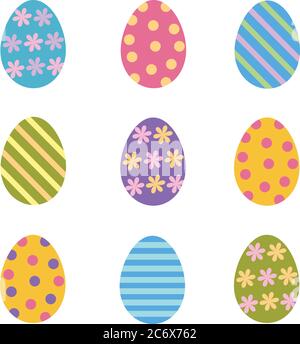 set of colorful easter eggs decorated stripes, dots and flowers, flat vector icon Stock Vector