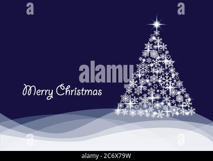 Merry Christmas greeting card postcard shining christmas tree made from various white snowflakes, lights and stars on wavy hills on dark blue Stock Vector