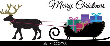 Christmas reindeer with collar and pile of present boxes on Santa's sleigh, black silhoutte color present box, flat design vector for merry christmas Stock Vector