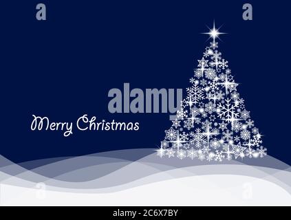 Merry Christmas greeting card postcard shining christmas tree made from various white snowflakes, lights and stars on wavy hills on dark blue Stock Vector