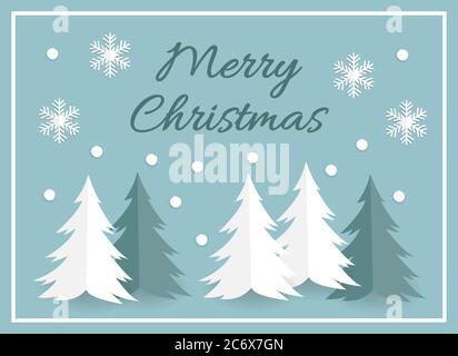 Christmas greeting card frame with white realistic looking paper cut of fir tree , snowflakes and snow ball and Merry christmas calligraphy text Stock Vector