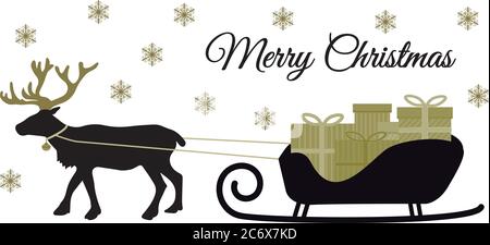 Christmas reindeer with collar and pile of present boxes on Santa's sleigh, black silhoutte and golden tones, flat design vector for merry christmas Stock Vector