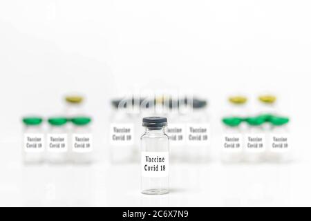 Close-up of medical vials for Coronavirus Vaccine, Covid 19 isolated. Empty sample, background Stock Photo