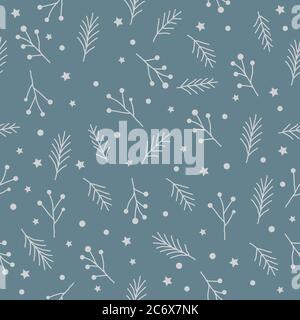 Seamless christmas pattern with white fir twigs, berries, spruce tree sprig stars and circles on blue background, vector vintage style Stock Vector