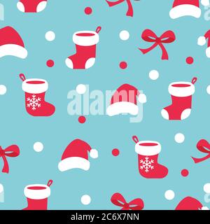 Seamless christmas pattern with santa claus socks and hat, bow ribbon and red and white dots on light blue background. Cute simple flat retro style Stock Vector