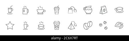 Coffee Tea Line Icons. Icon Cup Tea, Coffee beans Green Tea. Editable Stroke Stock Vector