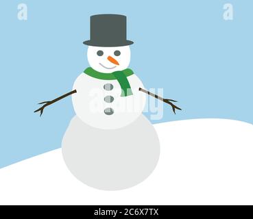 cute snowman with hat green scarf and hands from branch and carrot nose standing on snow hill cartoon simple vector Stock Vector