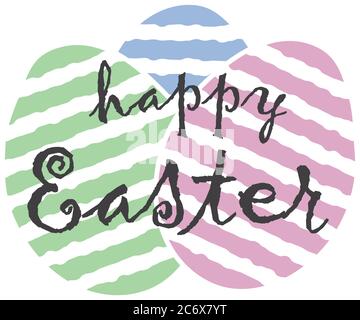 happy easter text sign lettering on cute striped green pink and blue easter eggs in vintage style greeting card on white background Stock Vector