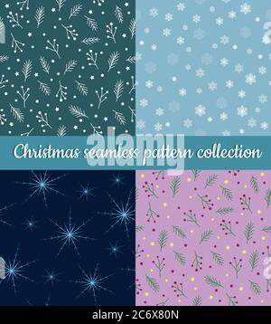 Set of blue green and pink vector winter holidays Christmas seamless pattern collection. Stars and snowflakes and fir twigs, berries, spruce tree spri Stock Vector