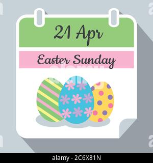 Easter Sunday wall calendar 2019 april 21 vector icon with colorful easter eggs with dots, stipes and flowers, flat style. Vector eps10. Stock Vector