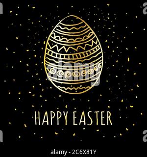 Happy Easter greeting card with golden hand drawn decorated easter egg with glitter and sparkling on black background with text Happy Easter, vector e Stock Vector