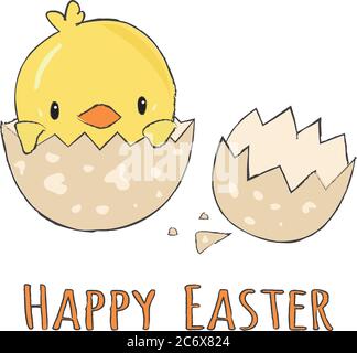 Cute little yellow chick in cracked eggs and egg shell with sign text happy easter, grunge vector graphic illustration. Easter greeting card design, c Stock Vector