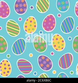 Easter egg seamless pattern vector background with cute colourful painted striped easter eggs stickers with dots on light blue background. Stock Vector