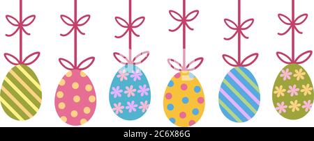colorful decorated painted easter eggs hanging from bow ribbon with stipes flowers and dots - easter frame border Stock Vector