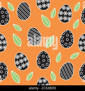 easter seamless pattern vector background, cute outline black and white painted easter eggs with green spring leaves on orange Stock Vector