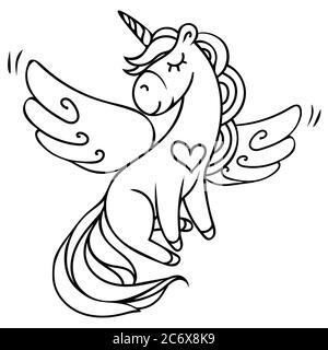 Hand-drawn flying magical unicorn with a heart. Stock Vector