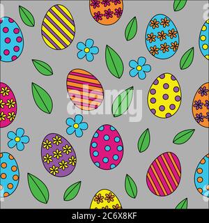 easter seamless pattern vector background, cute outline colourful painted easter eggs with green spring leaves and flowers on light grey background Stock Vector