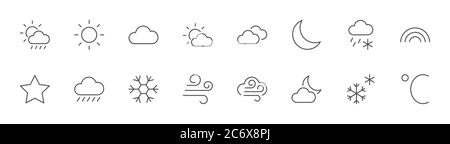 Weather Line Icons. Sun, Clouds, Snowflakes, Wind, Rainbow, Moon Editable Stroke Stock Vector