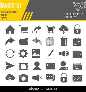 Basic UI glyph icon set, web mobile symbols collection, vector sketches, logo illustrations, ui icons, universal signs solid pictograms, editable Stock Vector