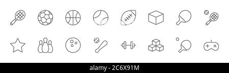 Sports Balls Icons, Hobbies, Football Basketball Bowling Tennis. Editable Stroke Stock Vector