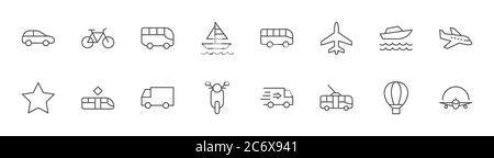 Public Transport Related Line Icons. Icon Bus, Bike, Track. Editable Stroke Stock Vector
