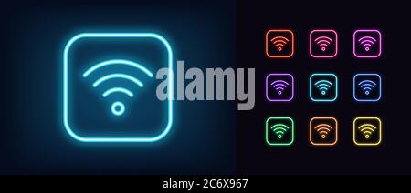 Neon wifi icon. Glowing neon wi fi sign, wireless internet technology in vivid colors. Wifi button, mobile internet hotspot. Bright icon set, sign, sy Stock Vector
