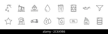 Oil Related Line Icons. Icon Fuel Truck Gas Station, Oil Factory Editable Stroke Stock Vector